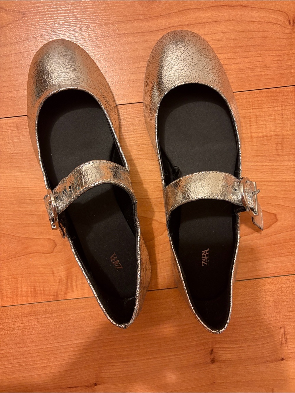 LEATHER Zara Metallic Silver Mary Jane Flats with Buckle Strap